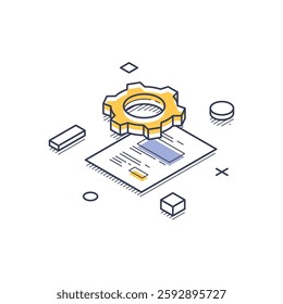 Isometric line art design symbolizing a business startup. A gear hovers over a document, surrounded by geometric shapes, showcasing the planning process. Vector illustration