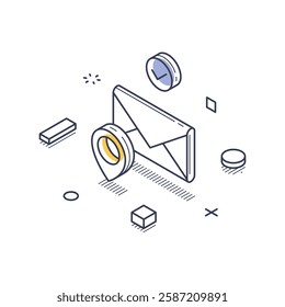 Isometric line art icon of a delivery service with an envelope, location pin, circular clock, and geometric elements for an infographic style. Modern isometric line art vector illustration