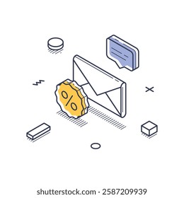 Isometric line art icon depicting online marketing elements, including an envelope with a discount symbol, representing email marketing strategies and promotional activities. Vector illustration