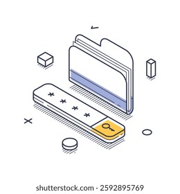 Isometric line art icon depicting personal data management. A key symbol highlights security, complemented by abstract folders, emphasizing data organization. Vector illustration