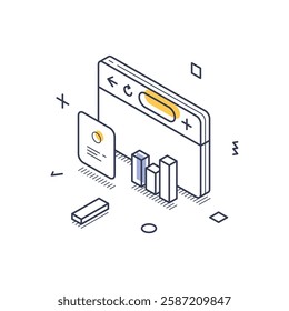 Isometric line art icon focused on social media interaction, featuring a browser window, a card, and bar graphs, illustrating modern data analytics in design. Vector illustration