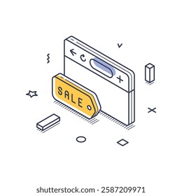 Isometric line art icon illustrates an online shopping experience, featuring a sale tag prominently. This design emphasizes the digital marketplace and its promotional offerings. Vector illustration