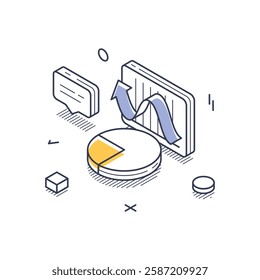 Isometric line art icon representing data analysis. The design features a pie chart, upward arrows, and infographic elements, illustrating statistical insights. Vector illustration