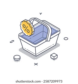 Isometric line art icon representing online shopping. A shopping basket with a discount tag highlights the concept of savings during the purchasing process. Vector illustration