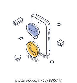 Isometric line art icon representing technical support, showcasing a smartphone with communication symbols like a phone and chat bubbles, set in a digital landscape. Vector illustration