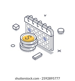 Isometric line art icon representing a financial report. It features a calendar alongside stacks of coins, illustrating financial planning and budgeting. Vector illustration