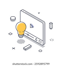 Isometric line art icon representing online education. The illustration features a light bulb next to a video player, symbolizing learning and ideas. Modern isometric line art vector illustration