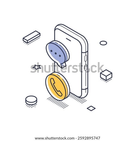Isometric line art icon representing technical support, showcasing a smartphone with communication symbols like a phone and chat bubbles, set in a digital landscape. Vector illustration