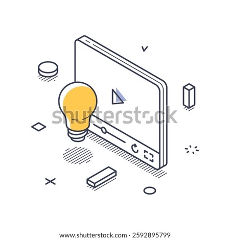 Isometric line art icon representing online education. The illustration features a light bulb next to a video player, symbolizing learning and ideas. Modern isometric line art vector illustration