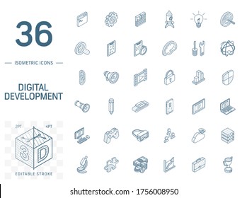 Isometric Line Art Icon Set . 3d Technical Drawing Vector Illustration. Web, App Development Hatching Symbols. Digital Network Technology, Coding, Application, Program Data Pictogram. Editable Stroke.