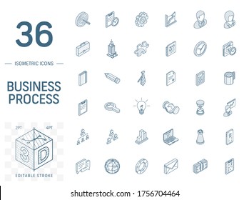 Isometric line art icon set. Vector illustration with business, management symbols. Marketing research, strategy, service, career, mission, analytic pictogram. 3d technical drawing. Editable stroke