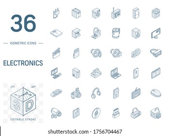 Isometric line art icon set. Vector illustration with electronic, multimedia, technology symbols. Music, film, phones, joystick, video, kitchen gadgets pictogram. 3d technical drawing. Editable stroke