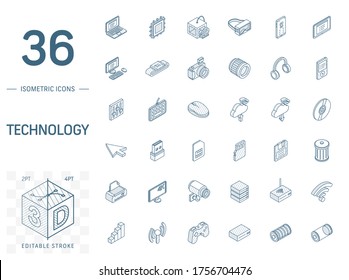 Isometric Line Art Icon Set. Vector Illustration With Technology, Digital Symbols. Cloud Computing, Print, VR Glasses, 4k Resolution And Wireless Pictogram. 3d Technical Drawing. Editable Stroke