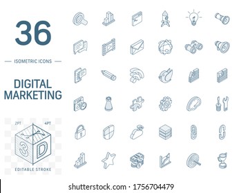 Isometric line art icon set. Vector illustration with SEO optimization symbols. Digital network, analytics, social media traffic and market graph pictogram. 3d technical drawing. Editable stroke