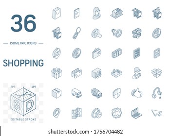 Isometric line art icon set. Vector illustration with shoppig symbols. Add to cart or basket, mall, supermarket building, deliveryman, online market pictogram. 3d technical drawing. Editable stroke