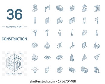 Isometric Line Art Icon Set. Vector Illustration With Construction, Industrial, Architectural, Engineering Symbols. Home Repair Tools, Worker, Building Pictogram. 3d Technical Drawing. Editable Stroke