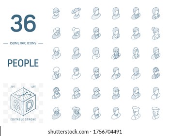 Isometric line art icon set. Vector illustration with people avatars symbols. Social media user profile, manager, doctor, cook profession, old man, artist pictogram. 3d technical draw. Editable stroke