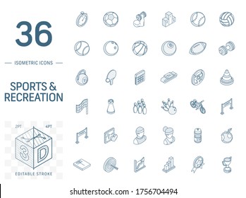 Isometric line art icon set. Vector illustration with sport and fitness symbols. Ball, game, cup medal, trophy, football, volleyball pictogram. 3d technical drawing. Editable stroke