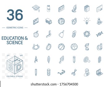 Isometric line art icon set. Vector illustration with education, learning and elearning, think symbols. Book, microscope, calculator, pen, teacher pictogram. 3d technical drawing. Editable stroke