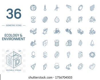 Isometric Line Art Icon Set. Vector Illustration With Ecology Symbols. Eco, Bio, Environmental, Wind Power, Recycle Pictogram. 3d Technical Drawing. Editable Stroke