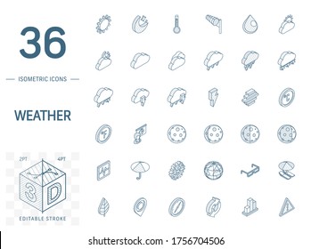 Isometric line art icon set. Vector illustration with meteo symbols. Weather cast, cloud, rain, snow, moon, thermometer, umbrella pictogram. 3d technical drawing. Editable stroke