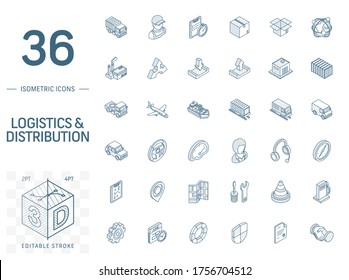 Isometric line art icon set. Vector illustration with Logistic, delivery business, distribution symbols. Service, export, shipping, transport pictogram. 3d technical drawing. Editable stroke