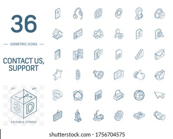 Isometric line art icon set. Vector illustration with contact us symbols. Communication, home, call, speech bubble, email, letter, envelope, handshake pictogram. 3d technical drawing. Editable stroke