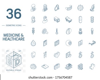 Isometric line art icon set. Vector illustration with medical, medicine, healthcare symbols. Health care, doctor, vaccine, pills, corona virus, mask pictogram. 3d technical draw. Editable stroke