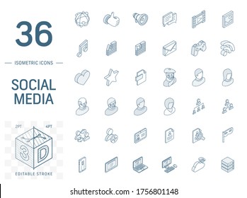 Isometric line art icon set. Vector illustration with social media and digital technology symbols. Speech bubble, avatar, computer, web, mobile pictogram. 3d technical drawing. Editable stroke