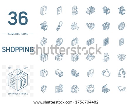 Isometric line art icon set. Vector illustration with shoppig symbols. Add to cart or basket, mall, supermarket building, deliveryman, online market pictogram. 3d technical drawing. Editable stroke