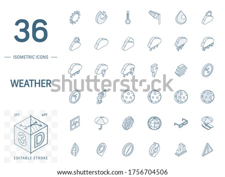 Isometric line art icon set. Vector illustration with meteo symbols. Weather cast, cloud, rain, snow, moon, thermometer, umbrella pictogram. 3d technical drawing. Editable stroke