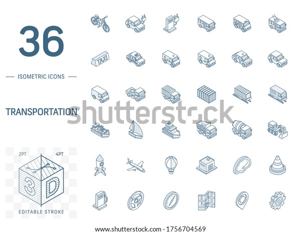 Isometric line art icon set. Vector illustration\
with transport, transportation symbols. Police car, train, yacht,\
taxi, bicycle and truck pictogram. 3d technical drawing. Editable\
stroke