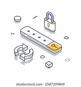 Isometric line art icon showcasing elements of internet security, including a padlock and a password entry field. Geometric shapes enhance the modern infographic appearance. Vector illustration