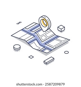Isometric line art icon showcasing a map with a location pin, symbolizing delivery services. It represents navigation and logistics in a simple illustration. Vector illustration