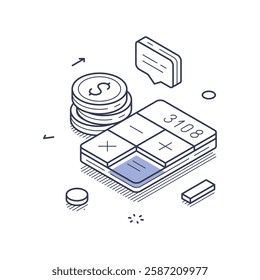 Isometric line art icon showcasing online payments. It highlights budget calculations with a calculator, coins, and communication elements, emphasizing finance. Vector illustration