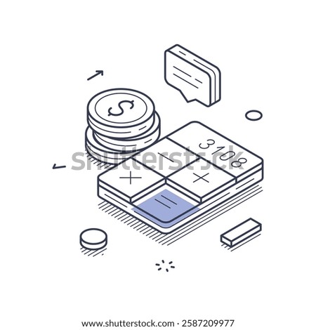 Isometric line art icon showcasing online payments. It highlights budget calculations with a calculator, coins, and communication elements, emphasizing finance. Vector illustration