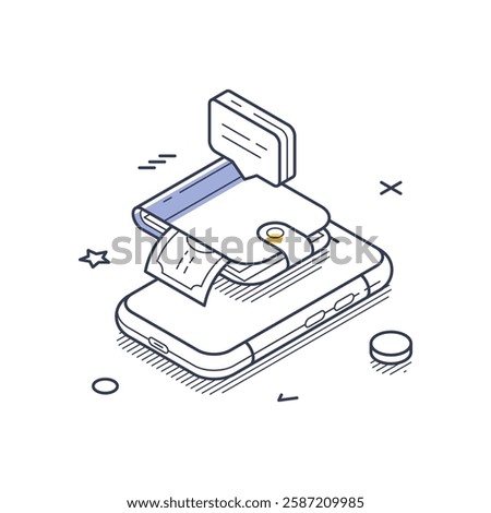 Isometric line art icon shows a smartphone with a digital wallet accessing online payment methods. This design highlights modern transactions and digital finance connectivity. Vector illustration