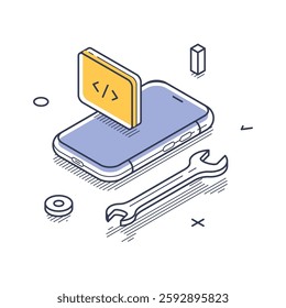 Isometric line art icon that showcases a smartphone and web development elements like code snippets and tools. It symbolizes modern technology in a minimalist style. Vector illustration