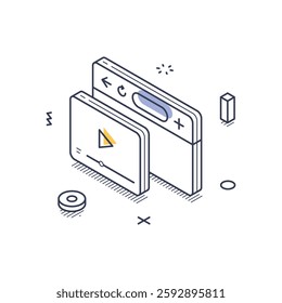 Isometric line art icons symbolizing online education. The design includes elements like video players and interactive components that reflect digital learning. Vector illustration