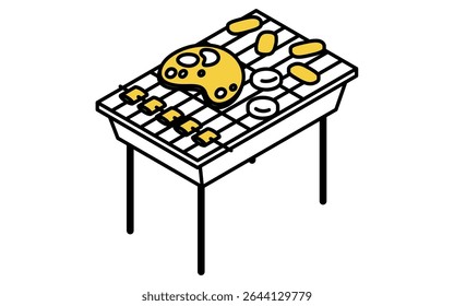 Isometric line art illustration of a barbecue grill with ingredients, simple summer outdoor cooking icon, Vector Illustration
