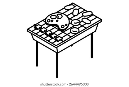 Isometric line art illustration of a barbecue grill with ingredients, simple summer outdoor cooking icon, black and white, Vector Illustration