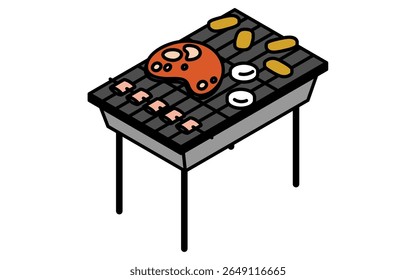 Isometric line art illustration of a barbecue grill with ingredients, simple summer outdoor cooking icon, Vector Illustration