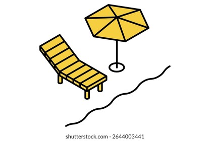 Isometric line art illustration of a beach parasol and beach chair on the shoreline in summer, simple seaside vacation scene with ocean waves, Vector Illustration