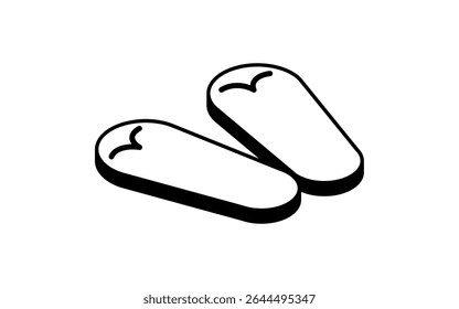 Isometric line art illustration of beach sandals, simple summer footwear icon, black and white, Vector Illustration