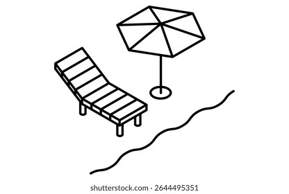 Ilustração de arte de linha isométrica de um guarda-sol de praia e cadeira de praia na costa no verão, cena de férias à beira-mar simples com ondas oceânicas, preto e branco, Ilustração de vetor