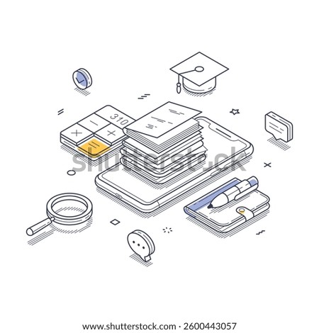 Isometric line art illustration captures various elements of online education, including a smartphone displaying study materials, stacks of papers, a calculator, a graduation cap. Vector illustration