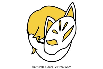 Isometric line art illustration of a child wearing a fox mask, simple summer festival icon, Vector Illustration