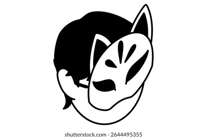 Isometric line art illustration of a child wearing a fox mask, simple summer festival icon, black and white, Vector Illustration