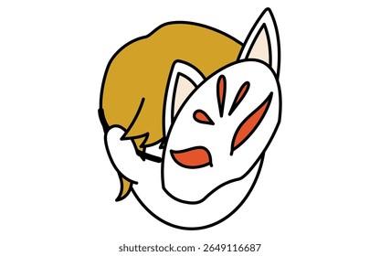 Isometric line art illustration of a child wearing a fox mask, simple summer festival icon, Vector Illustration