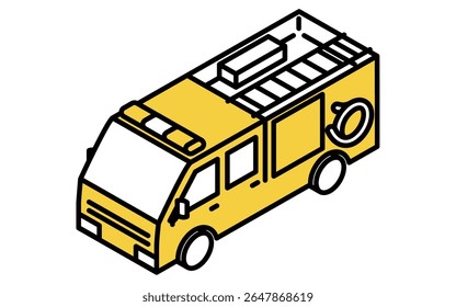 Isometric line art illustration of a fire truck in simple and minimal style, Vector Illustration